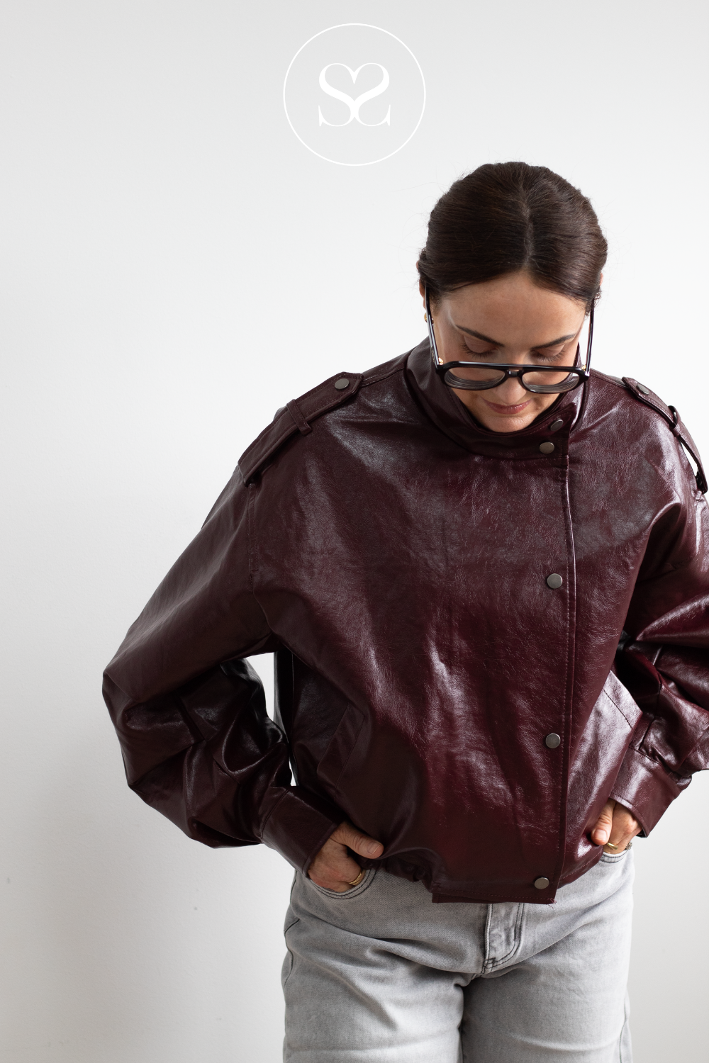 Burgundy Faux Patent Leather with High Collar - CV2212