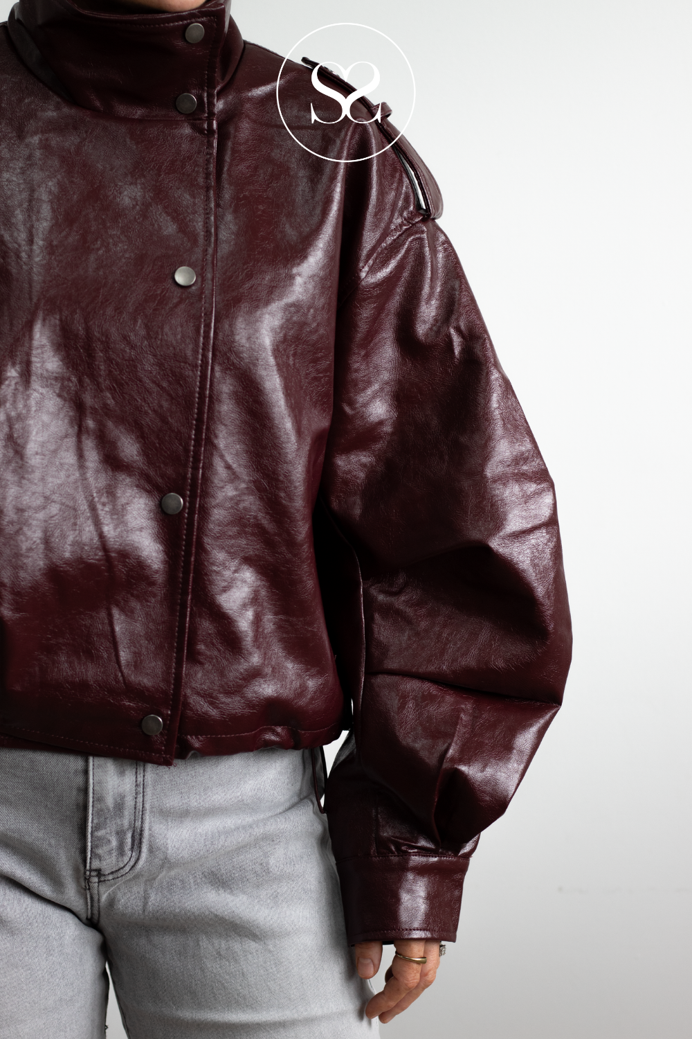Burgundy Faux Patent Leather with High Collar - CV2212