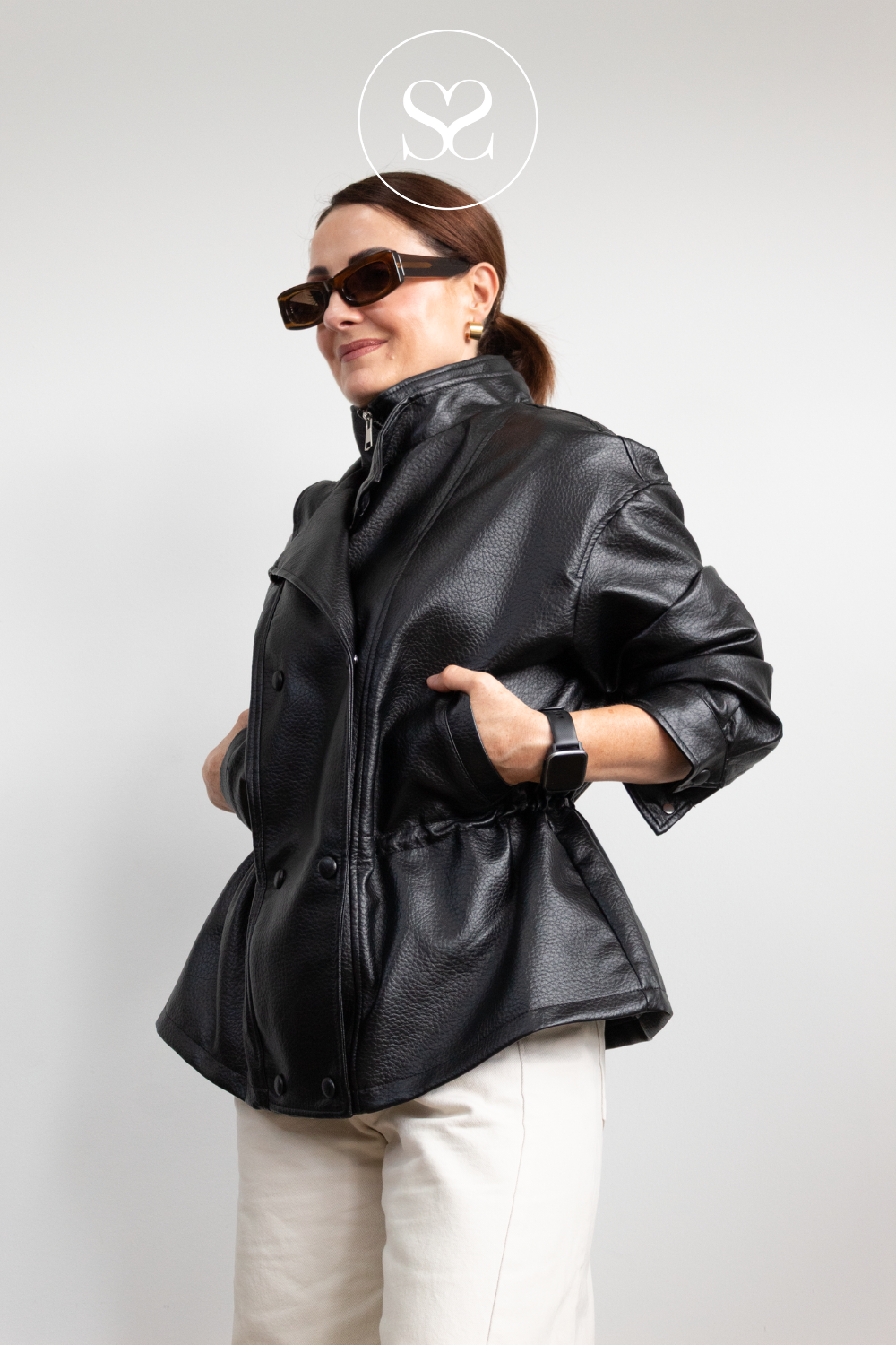 Black Double Breasted Leather Jacket- CV2213