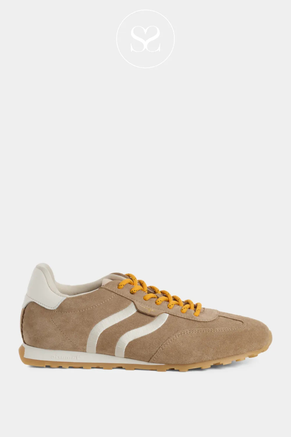 Tamaris 1-23614-46 taupe suede round toe retro sneakers with rubber sole and colourful yellow laces.