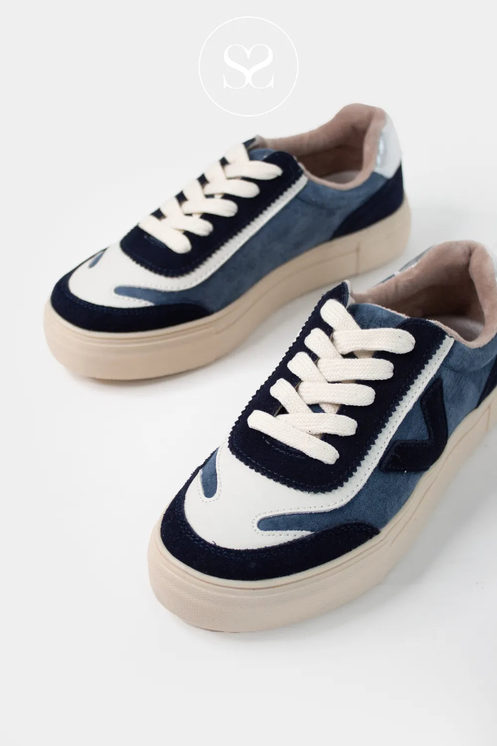 DRILLEYS DENIM BLUE (ROYAL) FLATFORM LACE UP TRAINERS EIGHTY for women with white laces and white suede toe detail