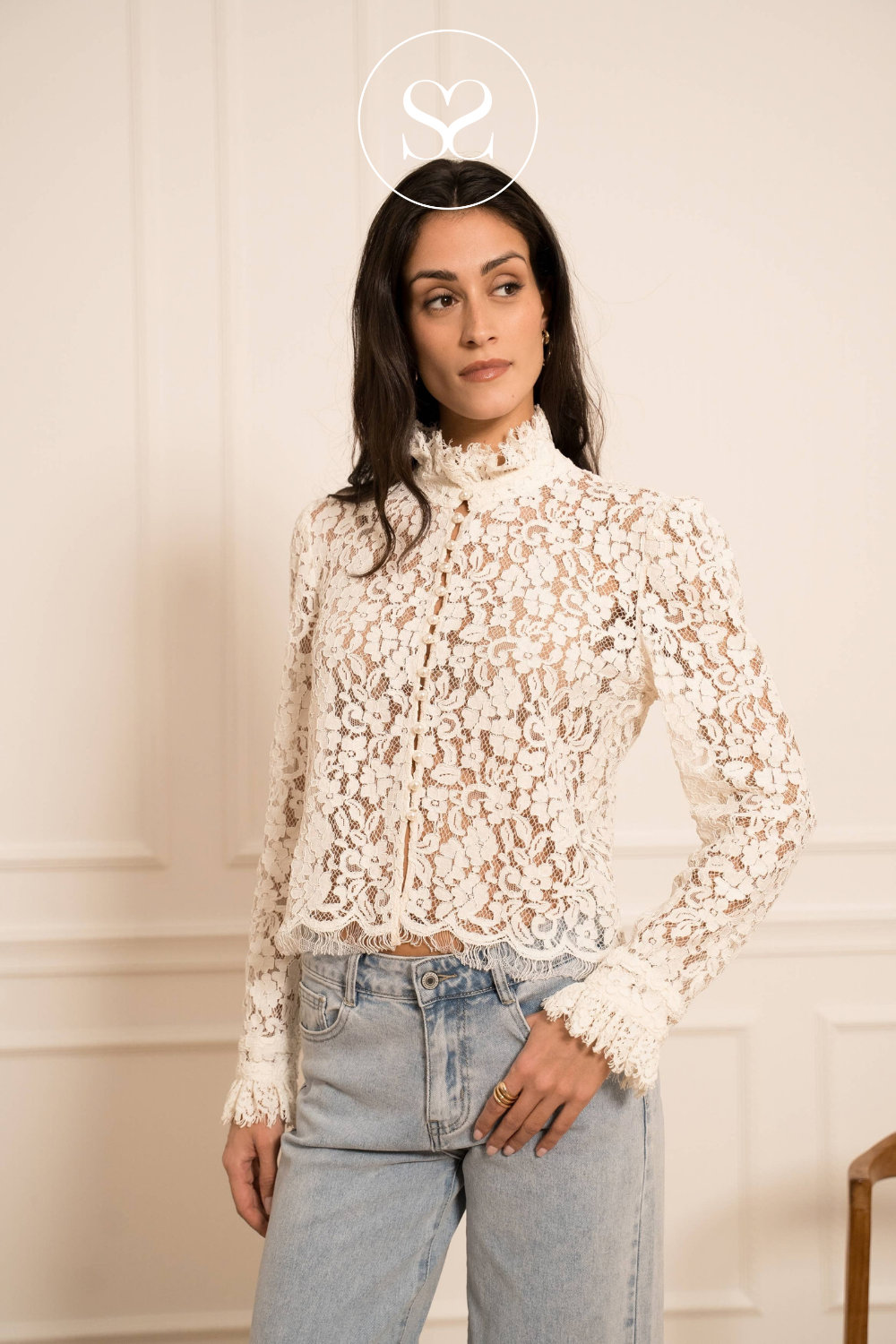 Cream Lace Blouse with Jewel Buttons — 81085
