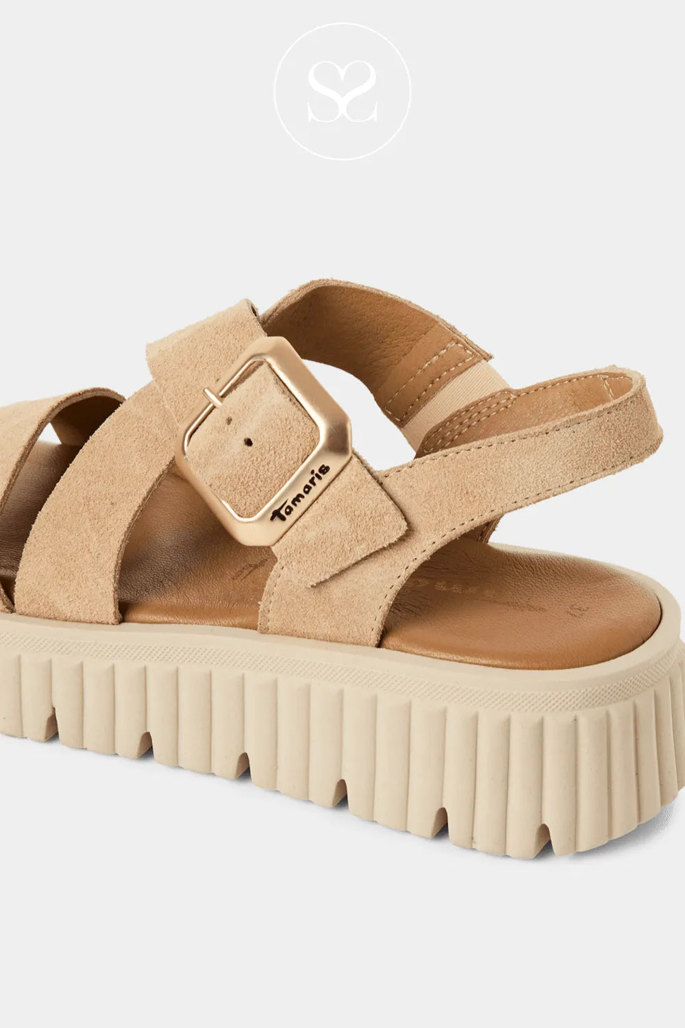 Tamaris Beige suede platform wedge sole sandals with adjustable ankle strap. Walking sandals. Comfortable summer sandals. Cushioned sole.