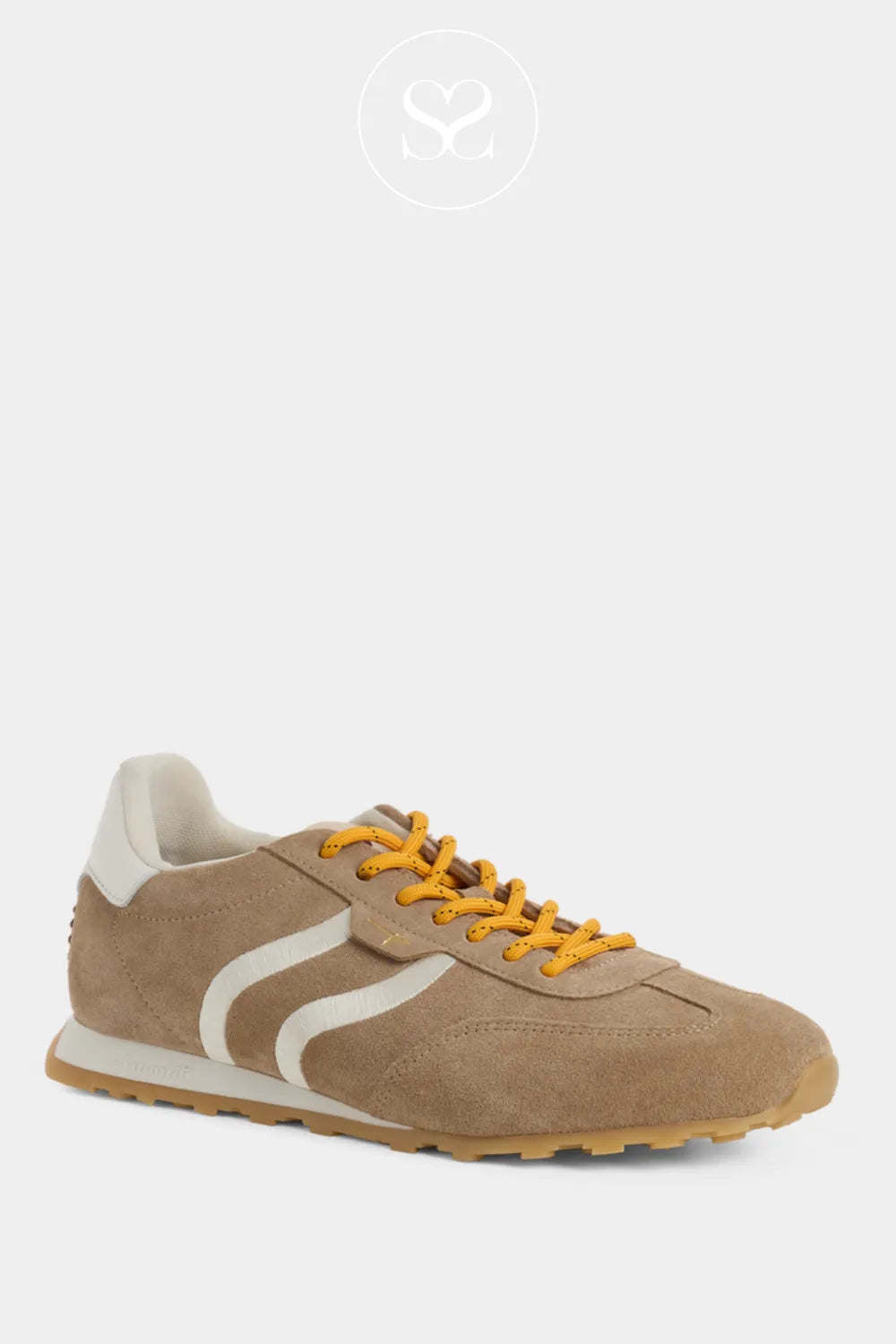 Tamaris mocha suede sneakers with yellow laces, off-white stripes on the side and rubber sole.