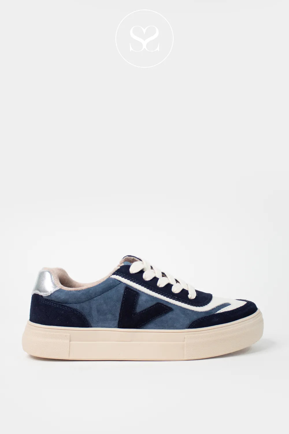 DRILLEYS DENIM BLUE (ROYAL) FLATFORM LACE UP TRAINERS EIGHTY for women with blue suede finish and black signature 'v' logo detail
