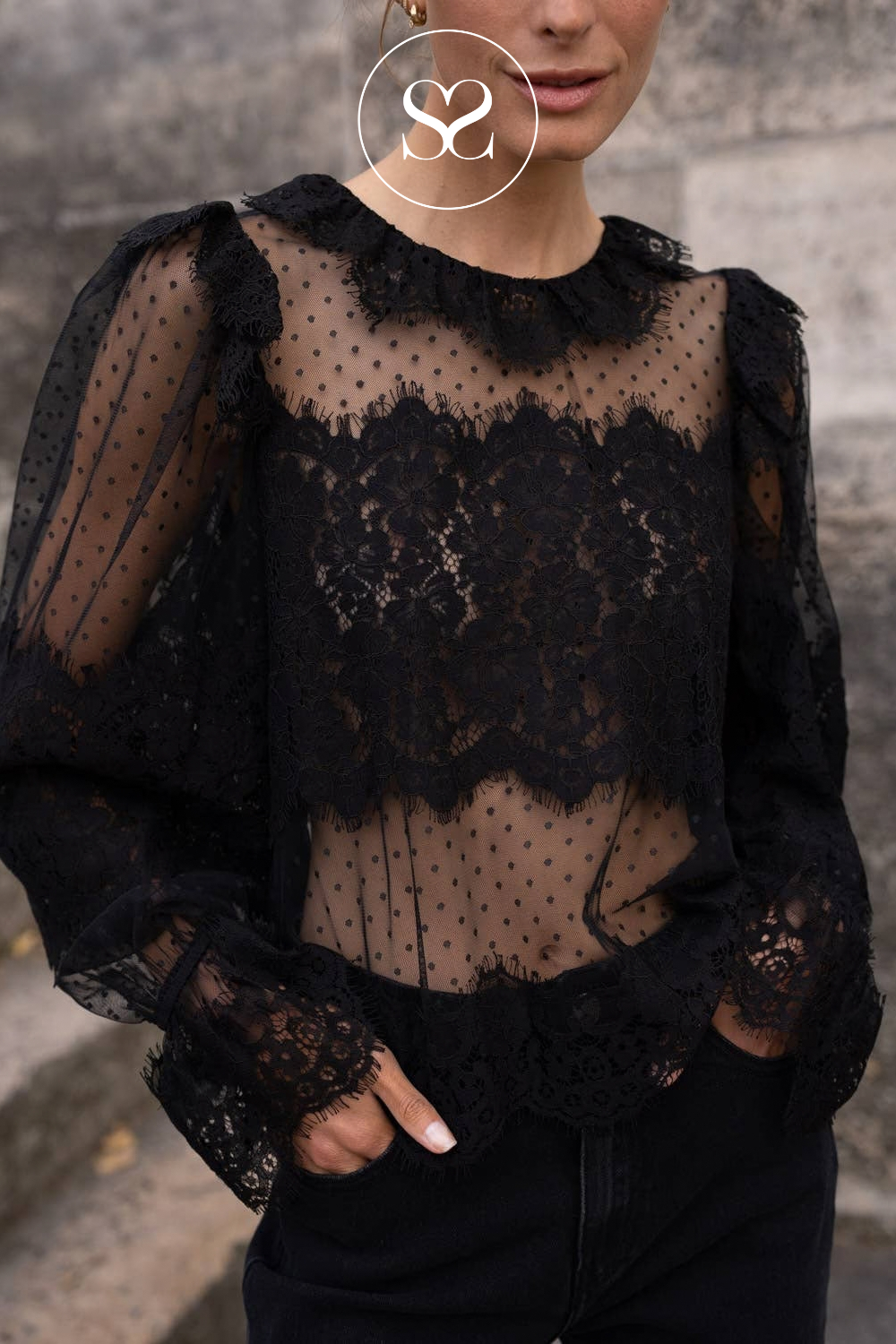Black Lace Blouse with Collar — 80996