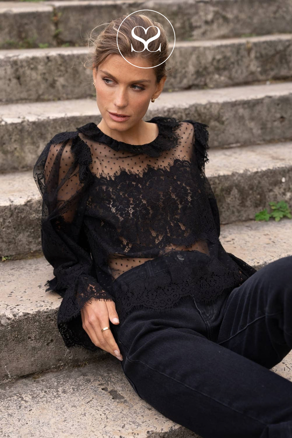 Black Lace Blouse with Collar — 80996
