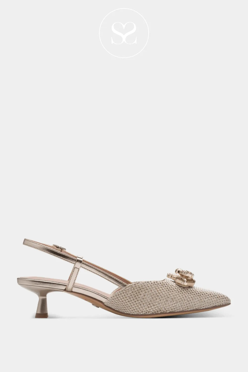 Tamaris neutral sparkle pointed toe slingback low heel. Beautiful low heel with embellishment to the front.