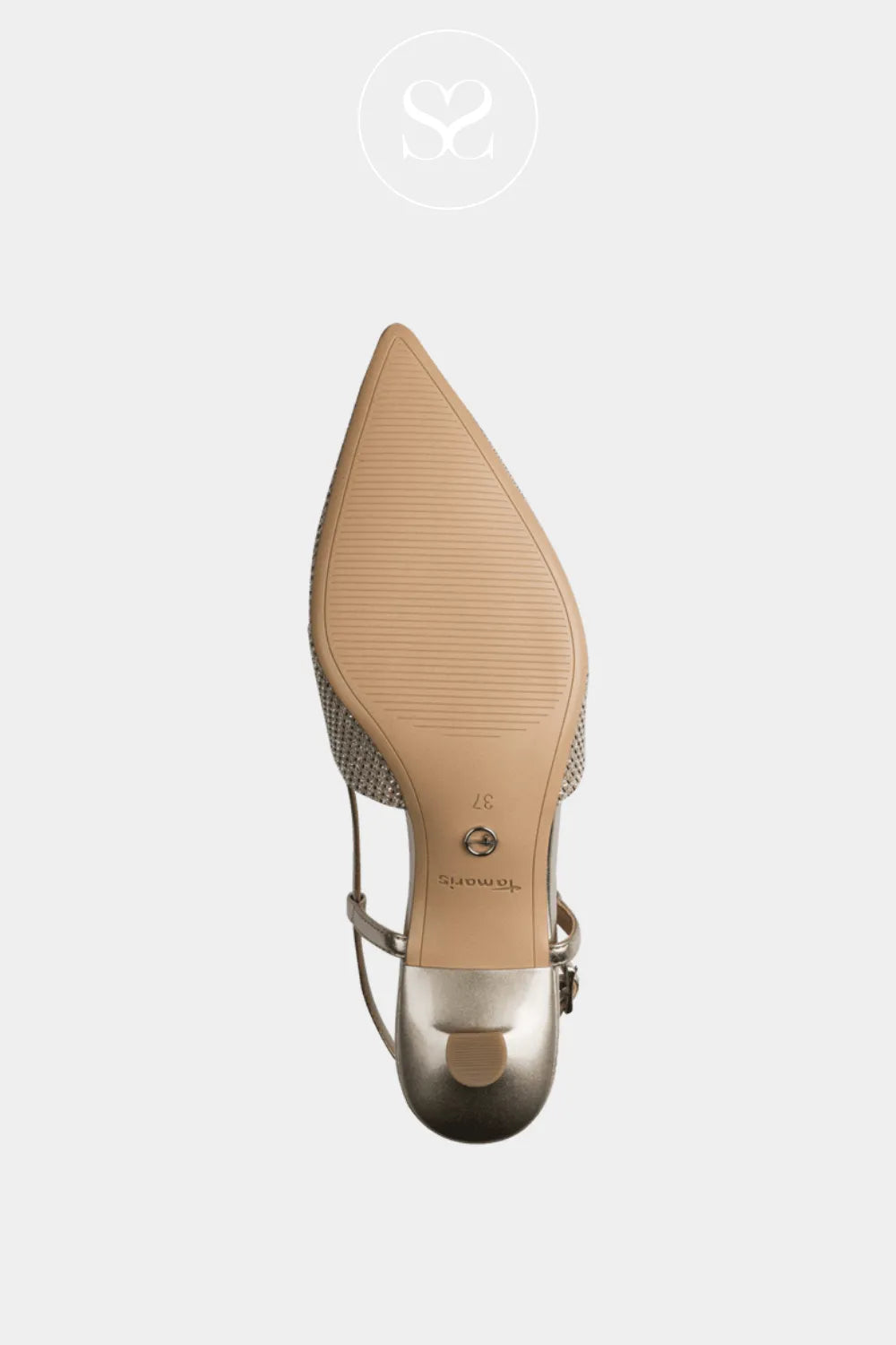 Beige low heel dress shoe.