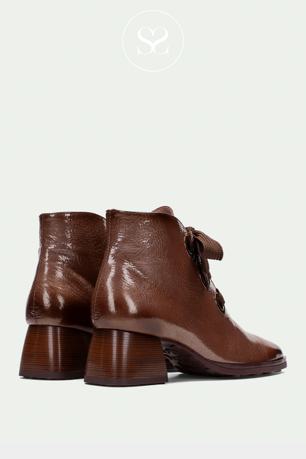 Dressy brown patent ankle boots for women with low heel and round toe