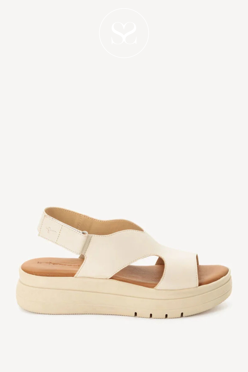 TAMARIS IVORY leather cushioned wedge sandals with velcro slingback strap. V-cut