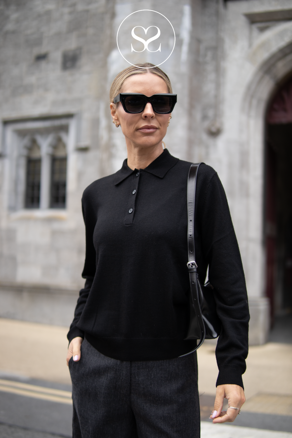 Black Merino Wool Long Sleeve Polo — ME202616L