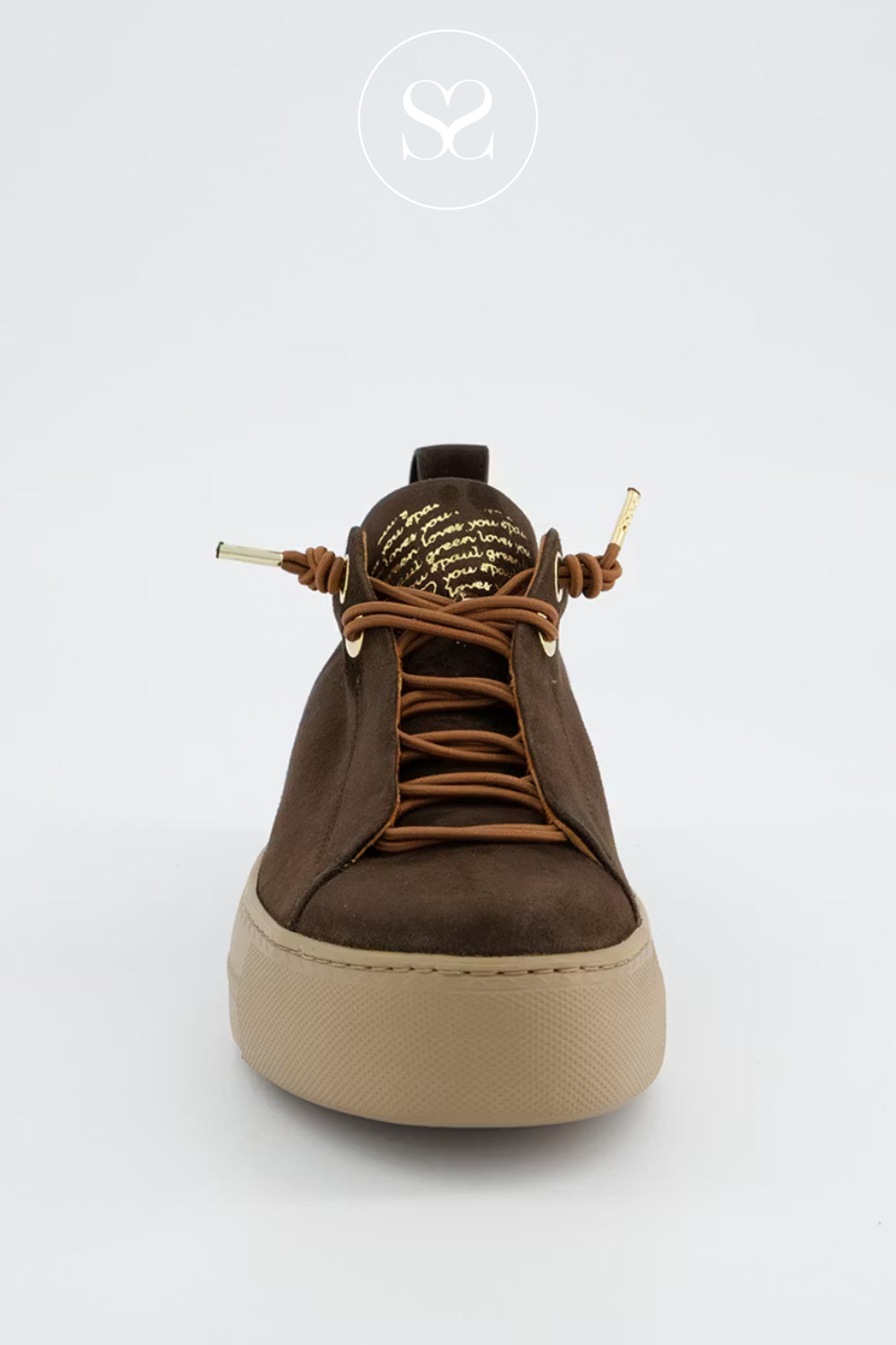 Brown sneaker with beige sole on a white background
