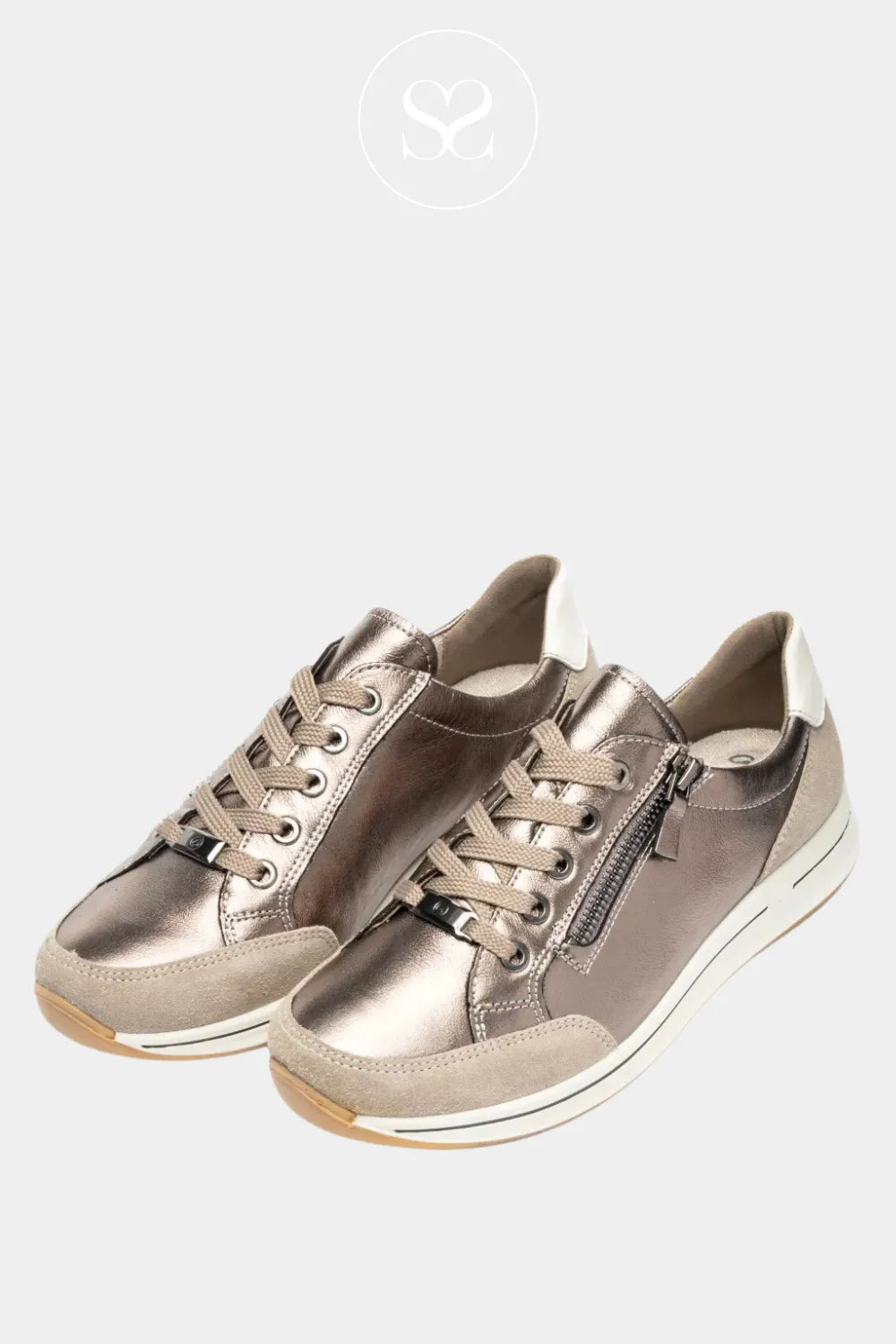 ARA BRONZE LEATHER FLATFORM TRAINERS 12-54801-79 FOR WOMEN WITH REMOVABLE INSOLE