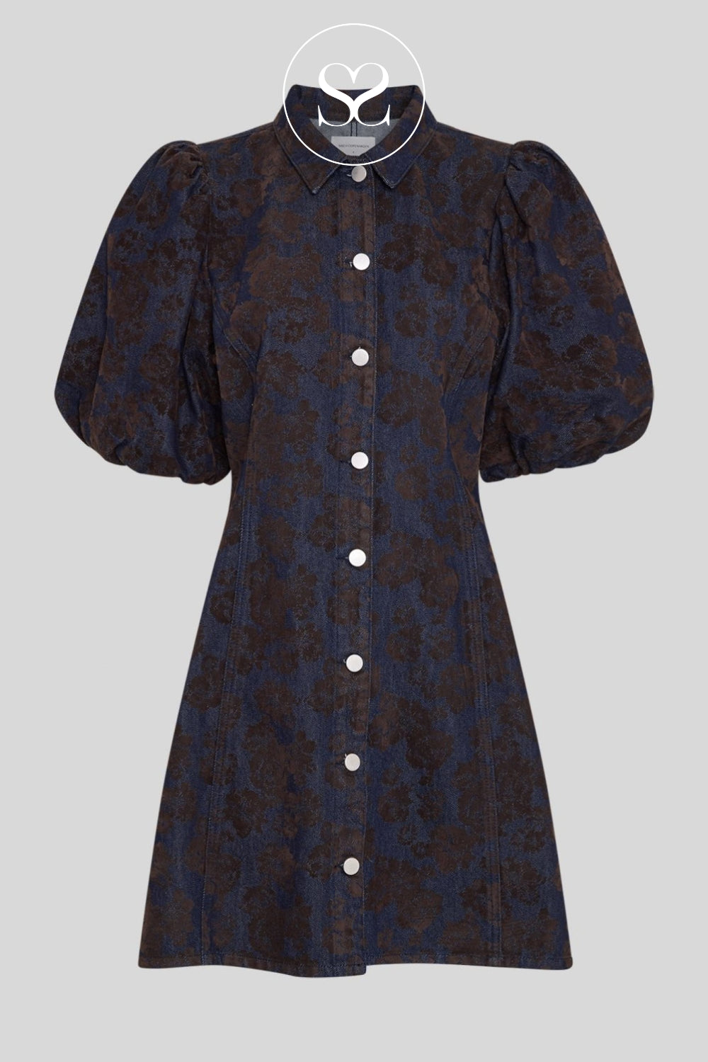 MSCH Copenhagen Denim Puff Sleeve Dress with floral baroque detail — Alexa