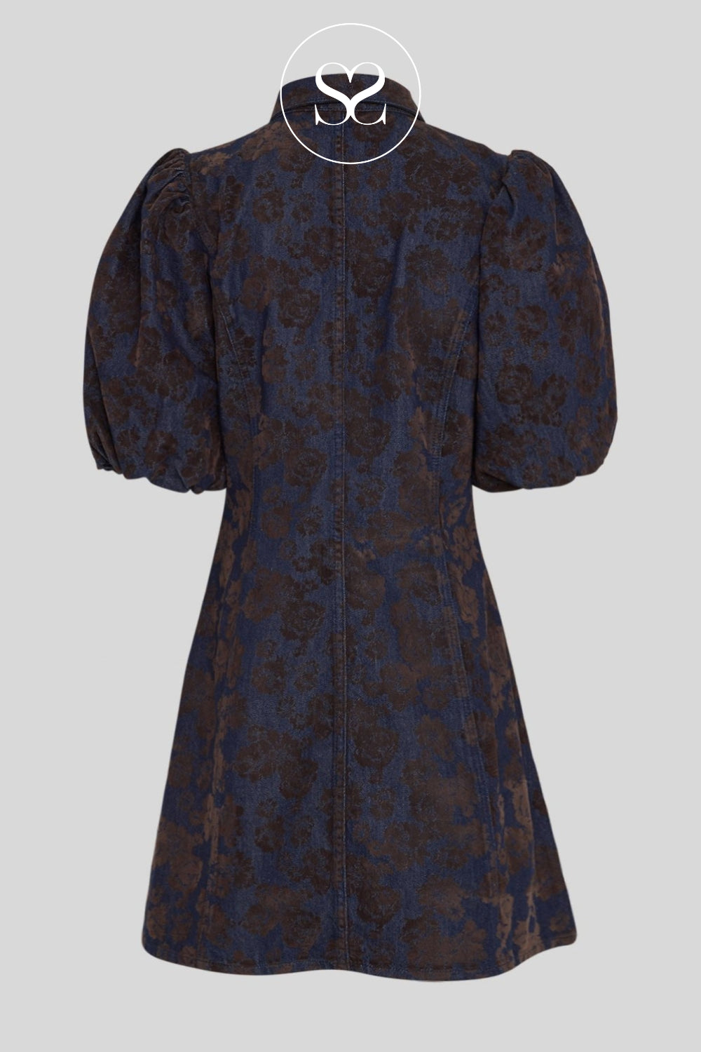 A dark navy and brown floral jacquard dress with puff sleeves, shown from the back against a solid gray background.