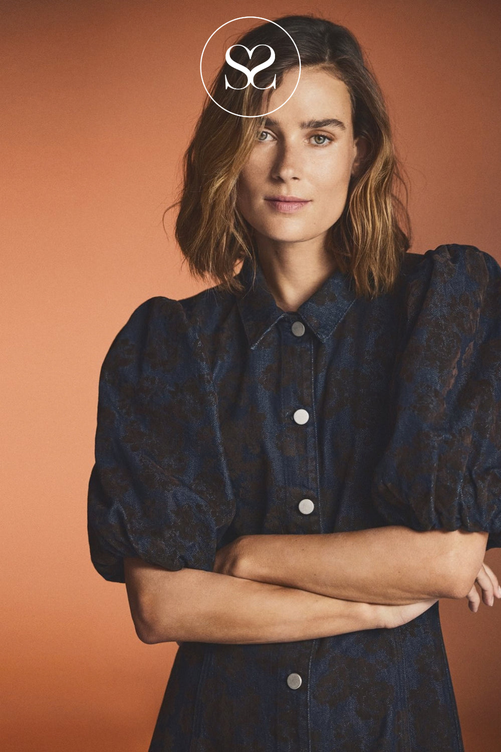MSCH Copenhagen Denim Puff Sleeve Dress with floral baroque detail — Alexa