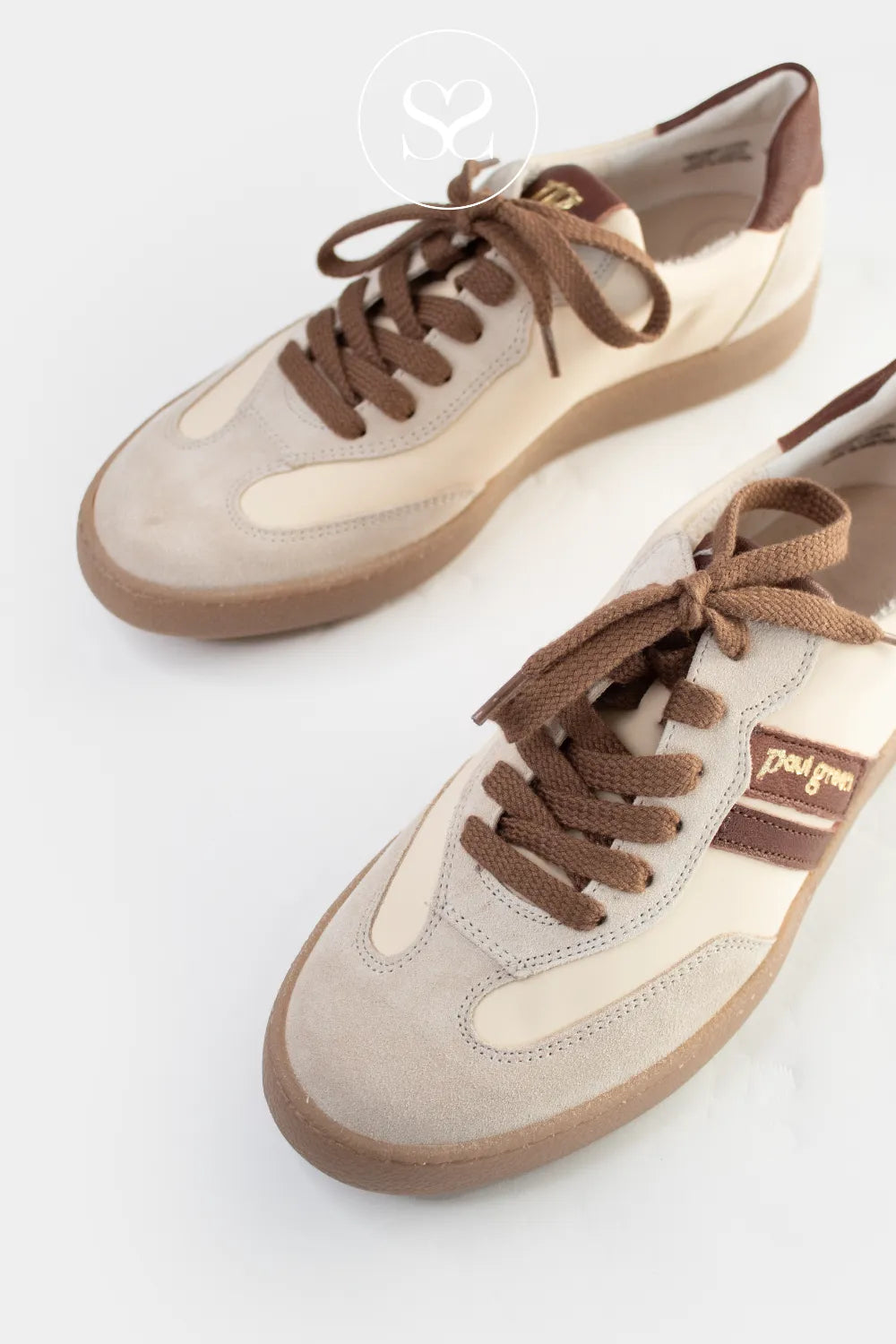 Paul Green cream/brown retro style trainers 5437 Leather-lined interior with cushioned soft footbed and Versatile everyday sneakers perfect for smart-casual wear