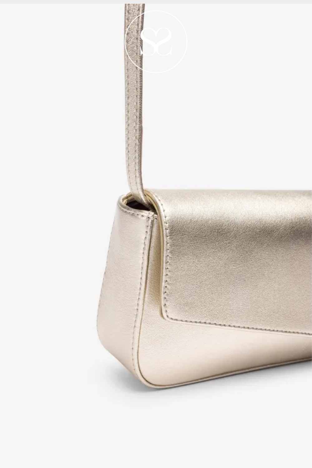 Gold leather clutch bag with strap.