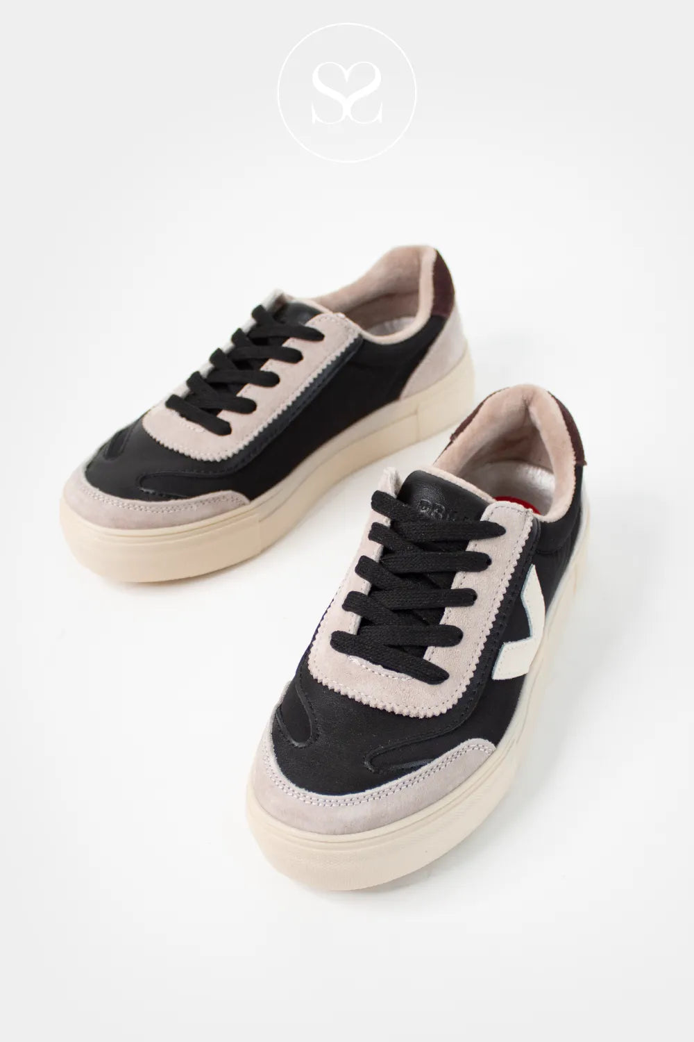 DRILLEYS BLACK (COAL FOG) FLATFORM LACE UP TRAINERS EIGHTY for women with taupe suede toe details