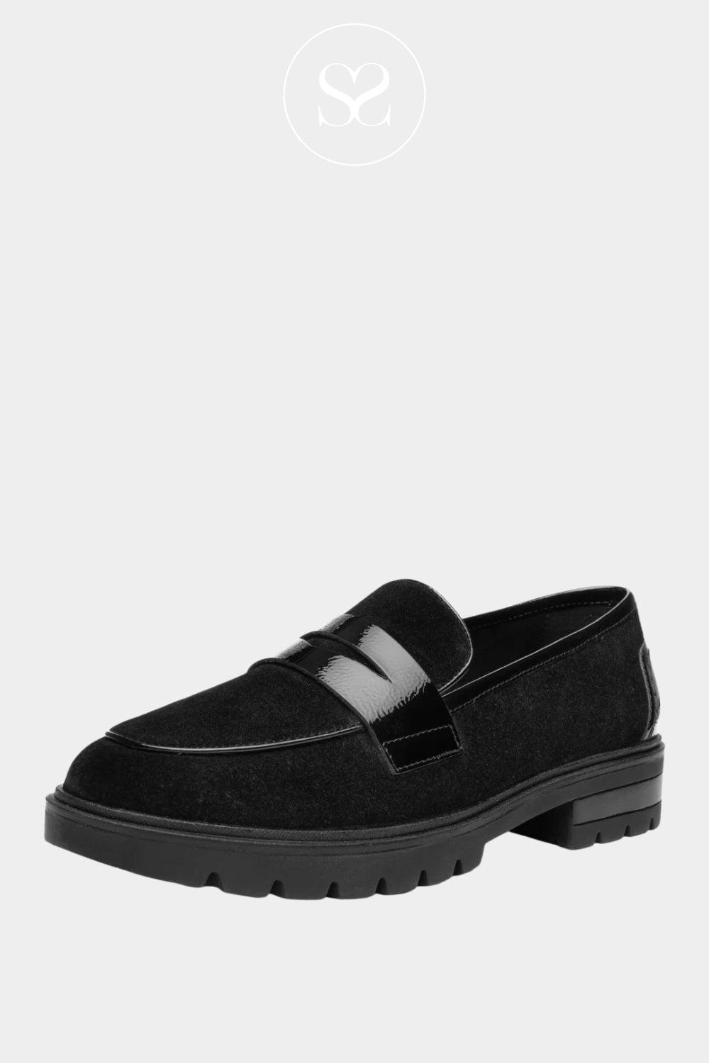 Women’s black suede loafers featuring a classic penny strap and polished patent leather trims for a smart, sophisticated finish - Ireland