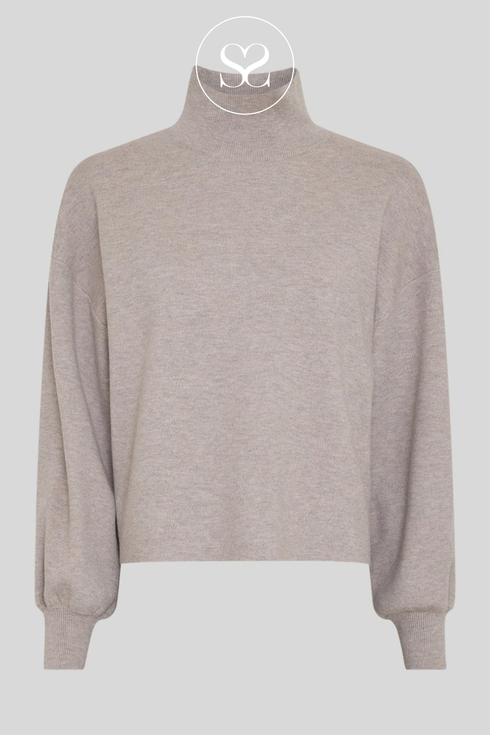 A light beige heathered knit turtleneck sweater with balloon sleeves, shown against a solid gray background with a white circular logo overlay at the top.