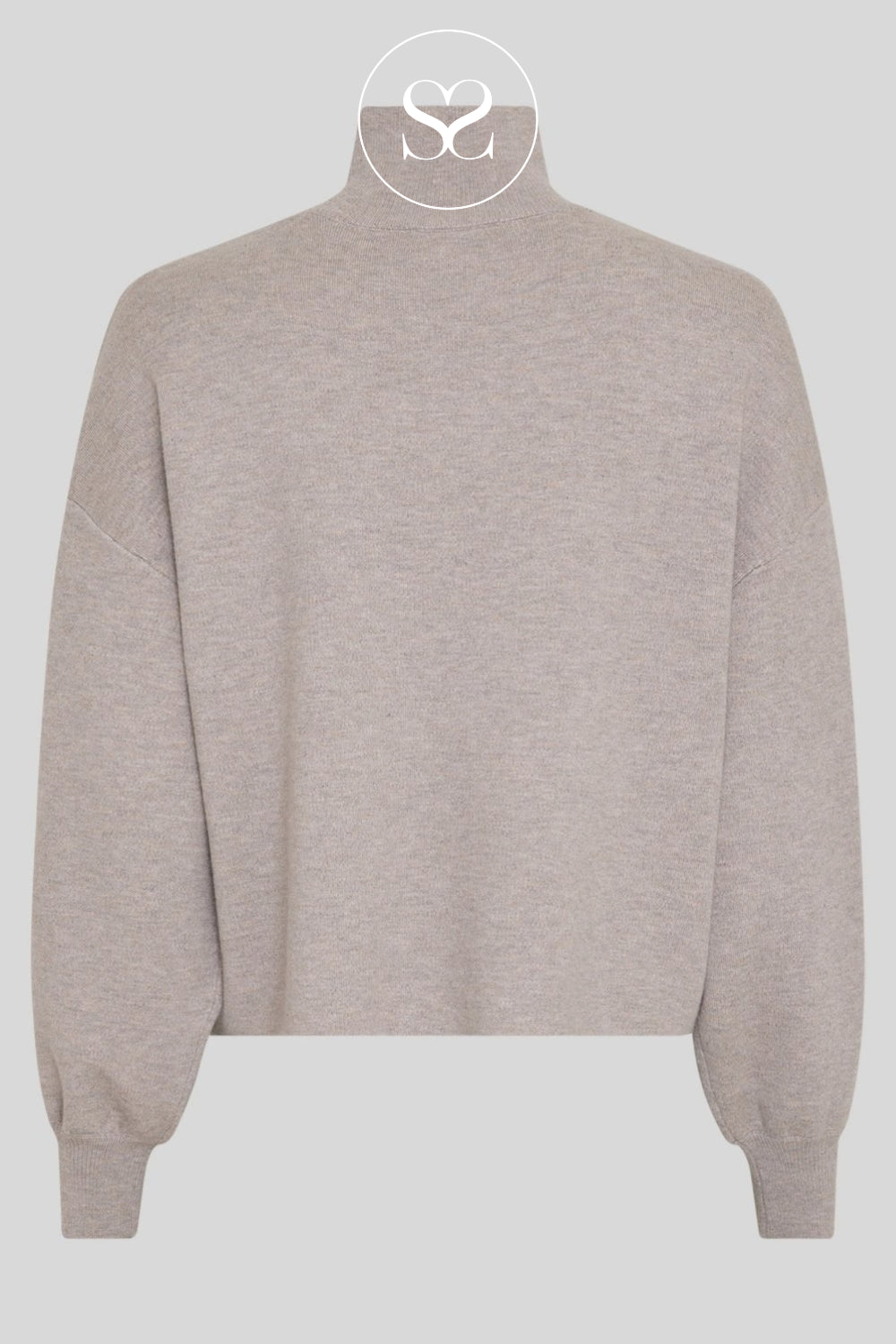 A light beige / oatmeal heathered knit turtleneck sweater with balloon sleeves from MSCH Copenhagen shown from the back on a neutral gray background.