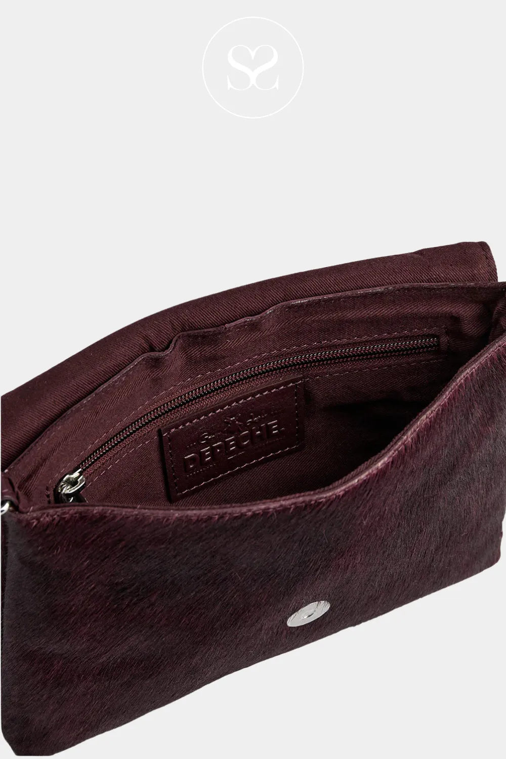 DEPECHE BURGUNDY LEATHER COW HAIR CLUTCH BAG - 16798 for women with metal clasp closing and inside zip pocket