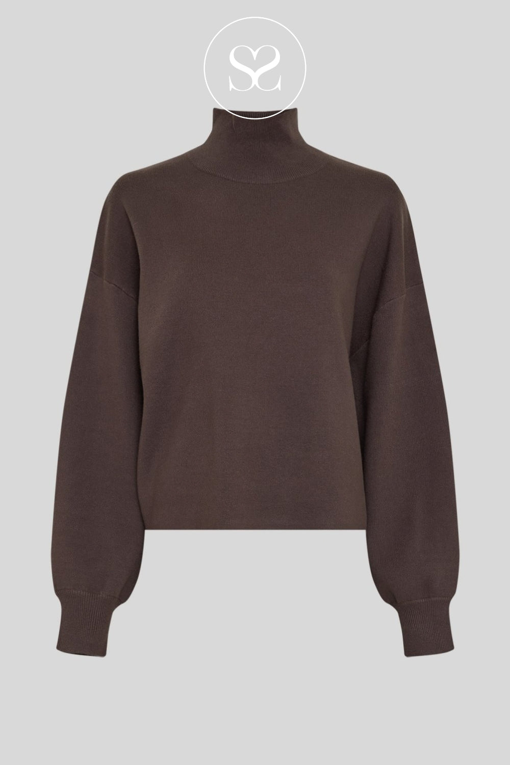 A dark brown cropped turtleneck sweater with long balloon sleeves, shown against a solid light gray background. From Sheneil Shoes in Ireland