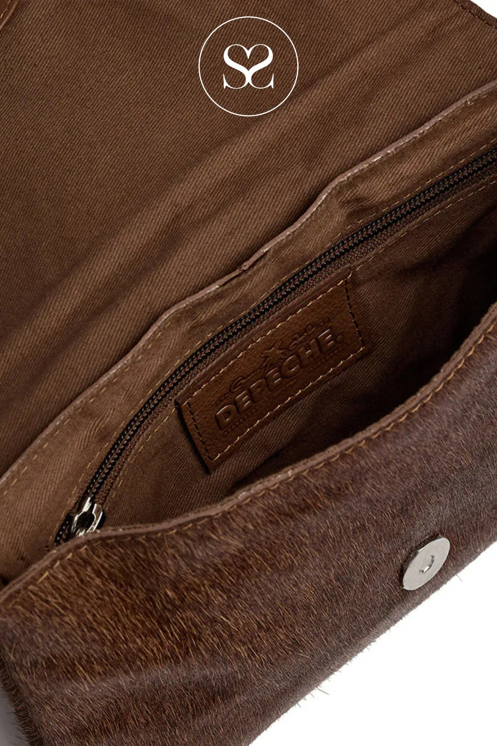 DEPECHE BROWN LEATHER COW HAIR CLUTCH BAG - 16798 for women with metal clasp closing and inside zip pocket
