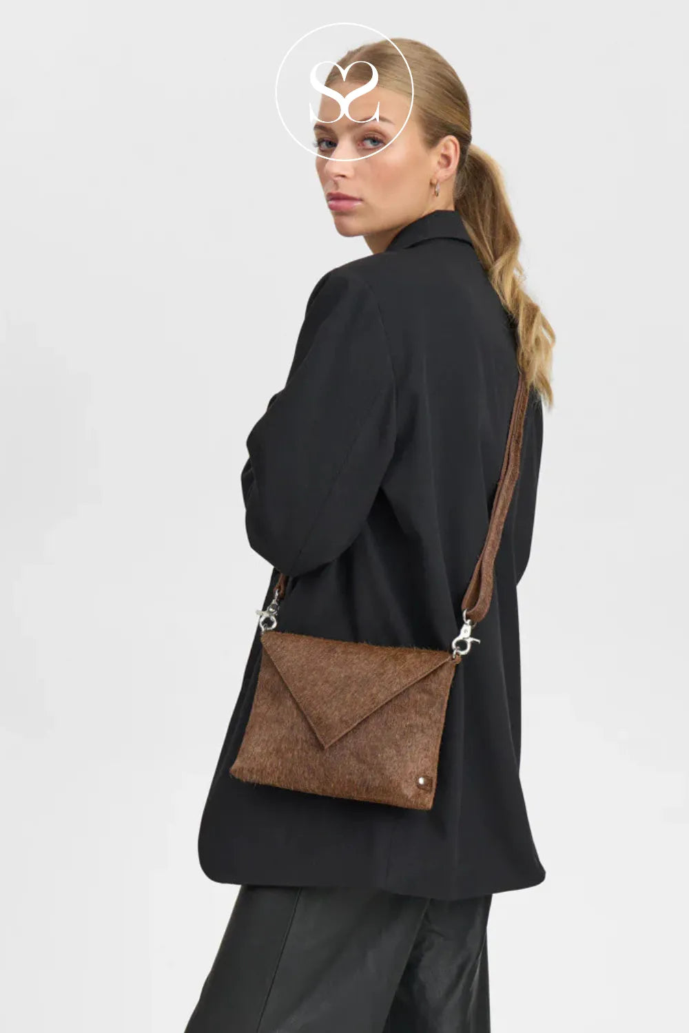 DEPECHE BROWN LEATHER COW HAIR CLUTCH BAG - 16798 for women with removable and adjustable strap