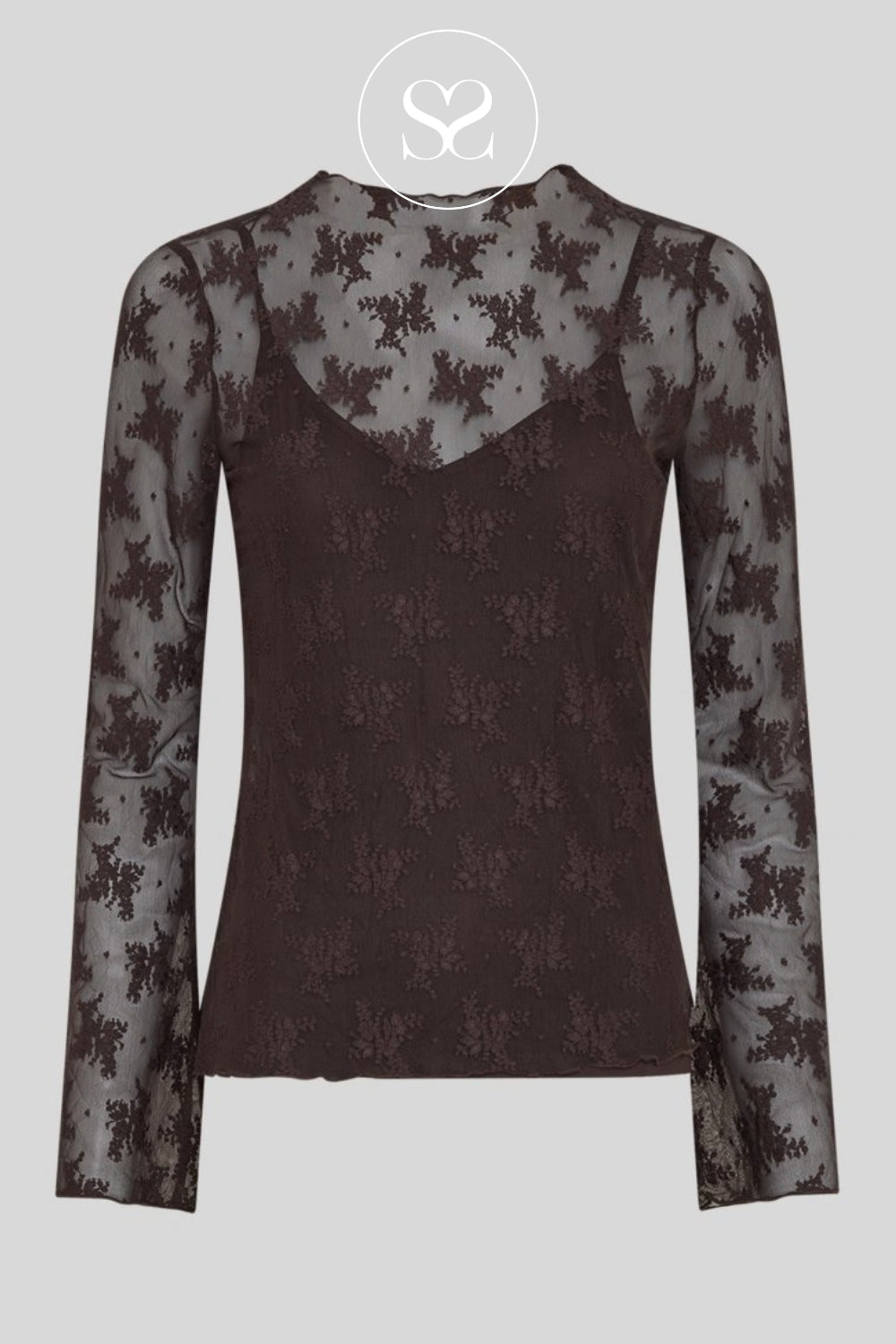 A long-sleeve MSCH Copenhagen lace top in a very dark brown shade, featuring sheer floral lace sleeves and a matching lace overlay across the chest and shoulders, shown against a light gray background.