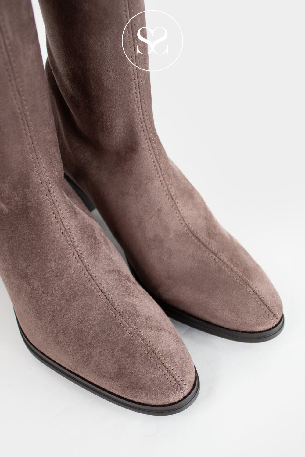 Pointed toe brown suede knee high boots from Miss Elastic
