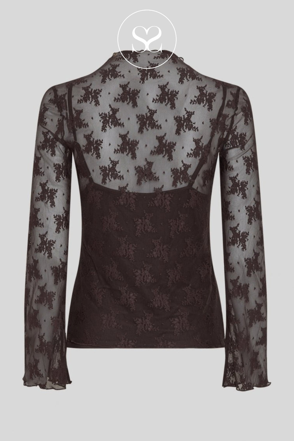 A sheer long-sleeve top with an allover floral lace pattern in dark brown, featuring a mock neck and flared cuffs, shown against a solid gray background. MSCH Copenhagen in Sheneil Shoes Irish stockist