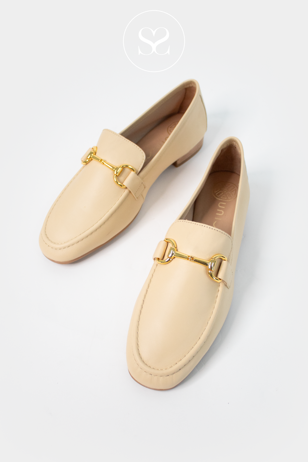 Unisa Belgi butter yellow soft leather round toe slip on loafers. Gold chain feature. Slip on shoe. Everyday shoe. Workwear shoe.