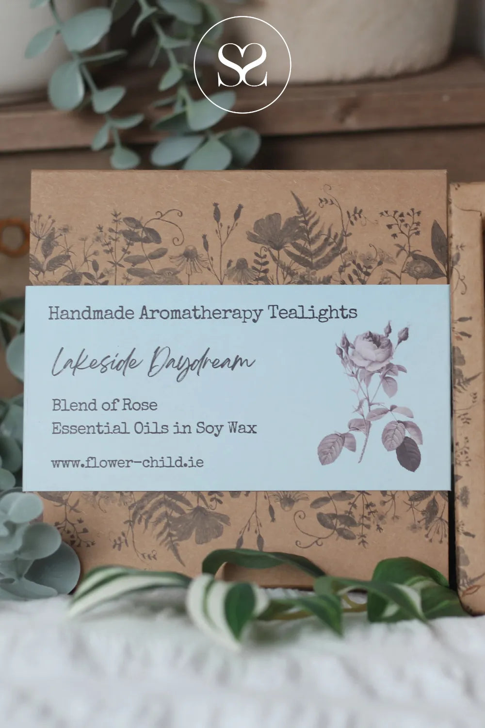 FLOWER CHILD 9 PACK TEALIGHTS - LAKESIDE DAYDREAM made from Rose essential oil helps lower stress and supports a peaceful, centred mood.