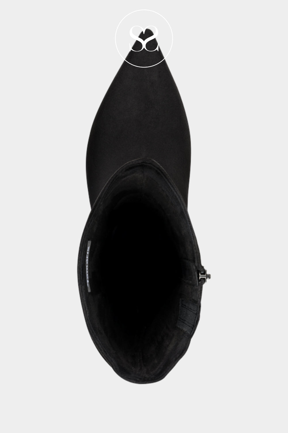 Black suede knee high boots with pointed toe