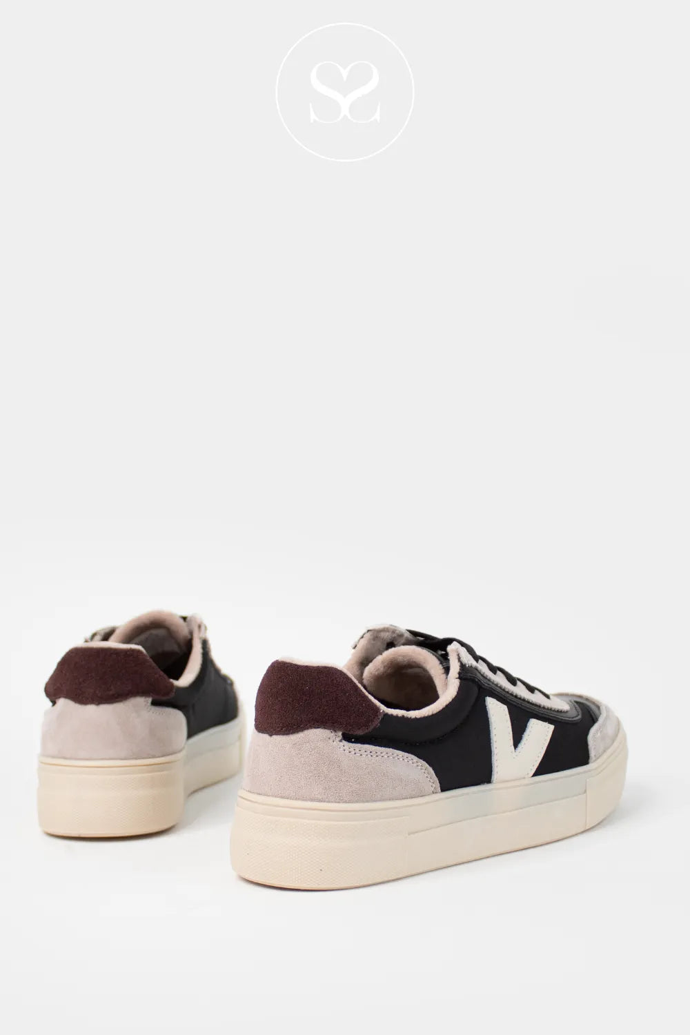 DRILLEYS BLACK (COAL FOG) FLATFORM LACE UP TRAINERS EIGHTY for women with brown suede heel cap detail