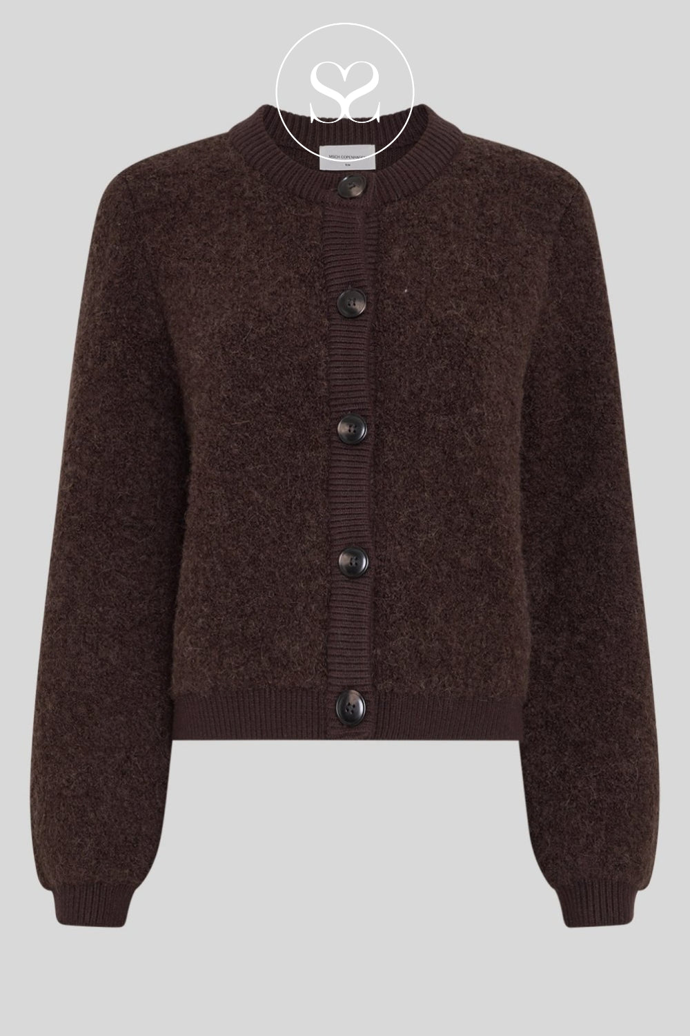 A dark brown textured knit cardigan sweater from MSCH Copenhagen with a button-up front, ribbed collar, cuffs, and hem, displayed on a neutral light gray background.