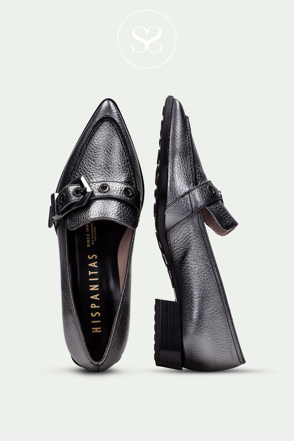 HISPANITAS SILVER POINTED TOE SHOE WITH SMALL BLOCK HEEL