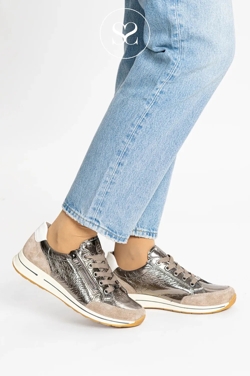 ARA BRONZE LEATHER FLATFORM TRAINERS 12-54801-79 WITH SIDE ZIP AND SUEDE DETAILS