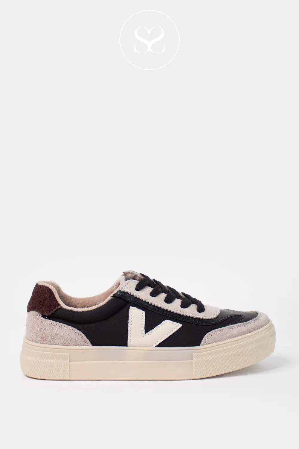 DRILLEYS BLACK (COAL FOG) FLATFORM LACE UP TRAINERS EIGHTY with taupe platform gum sole and signature taupe 'V' logo detail