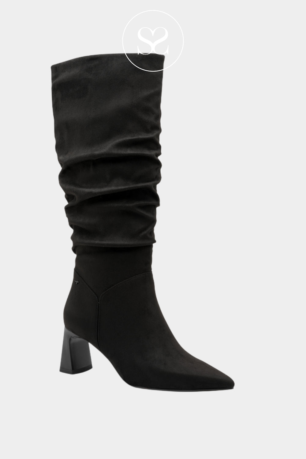 Tamaris black suede slough knee high boots with block heel and pointed toe