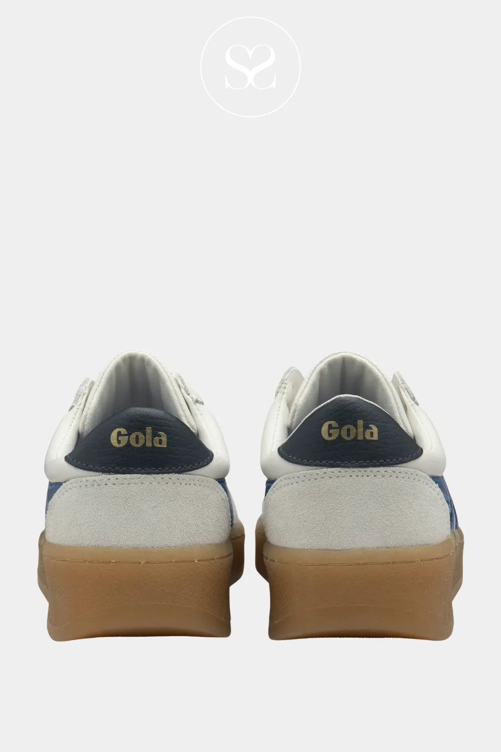 GOLA GRANDSLAM WHITE/BLUE LEATHER GUM SOLE SNEAKERS WITH GREY SUEDE HEEL AND SIGNAURE GOLD GOLA LOGO