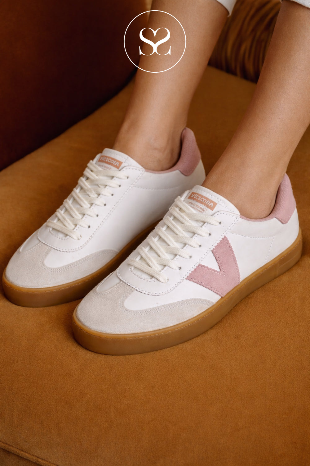woman wearing Victoria White & Pink Platform Trainers with gum sole 1126206