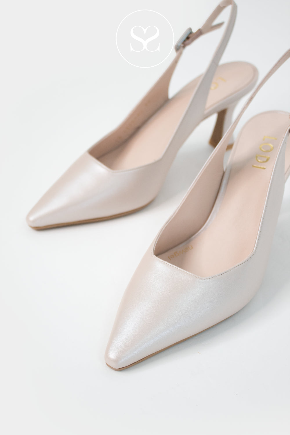 lodi metallic pearl neutral slingback mid heels