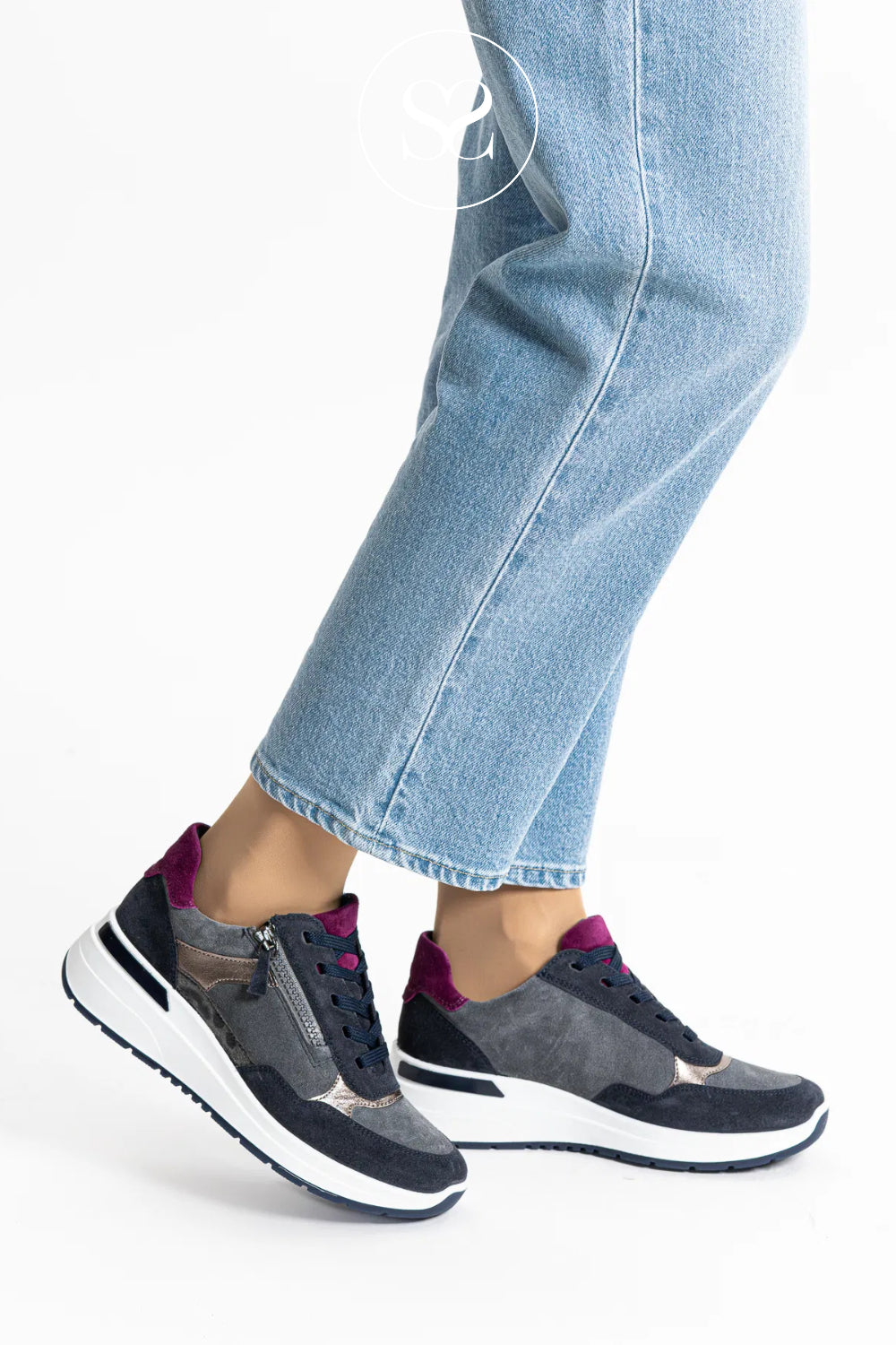 Ara Slip On Navy & Grey Wedge Trainers for Women - 12-57702