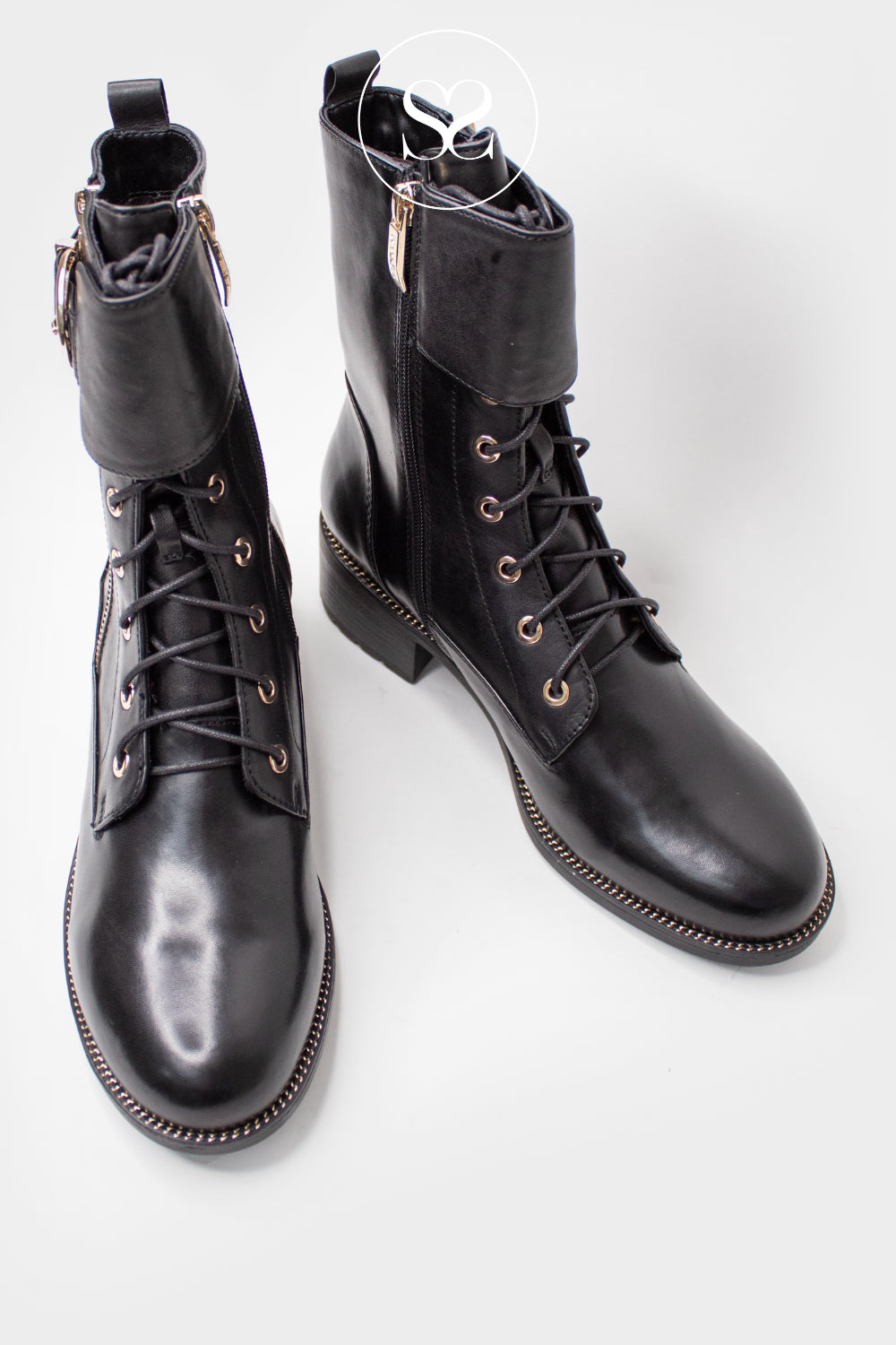 Black leather lace up boots for women with inner zip and low heel from Regarde le Ciel