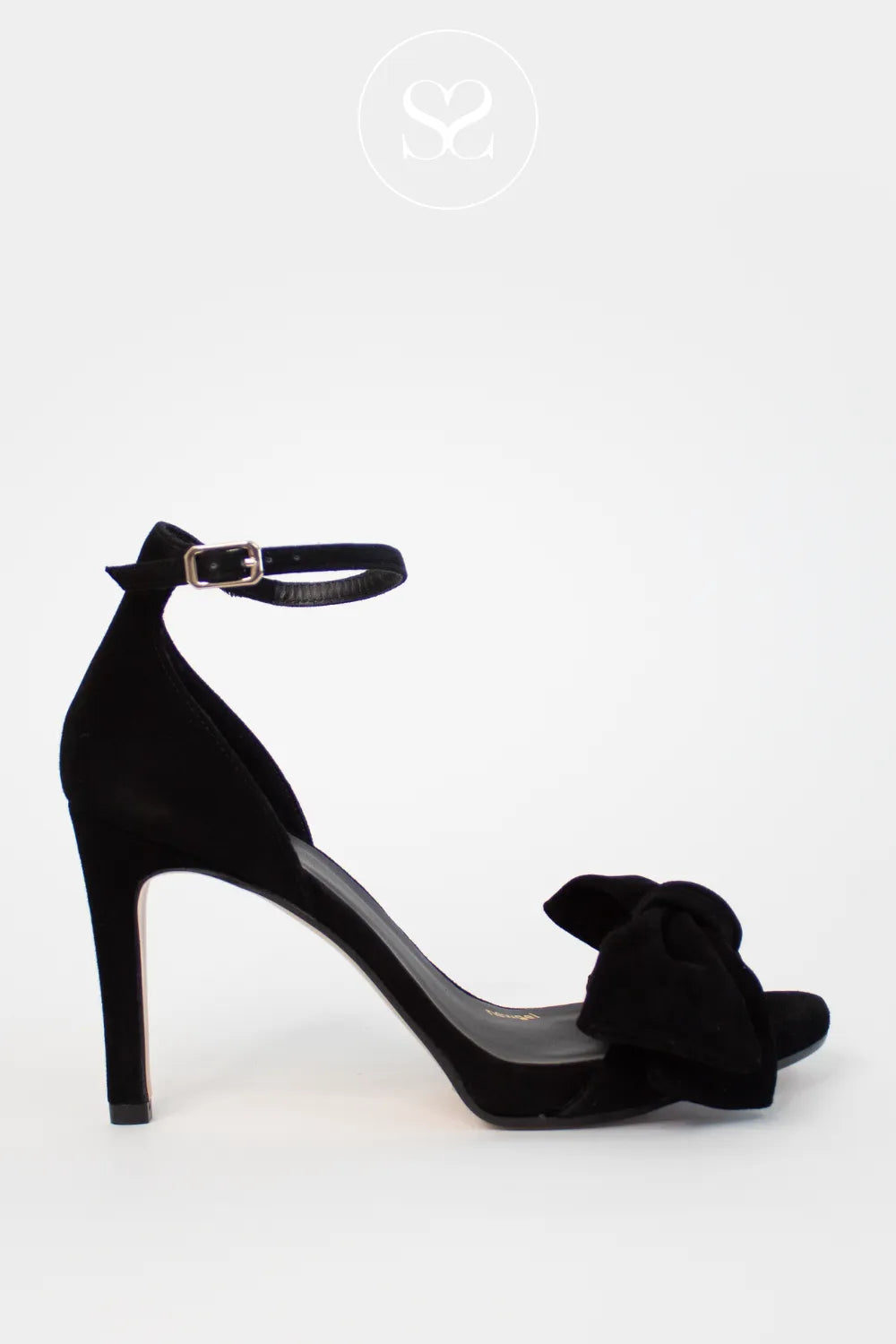 LODI BLACK SUEDE HIGH BLOCK HEEL BOW DETAIL ANKLE STRAP SANDALS INGAL