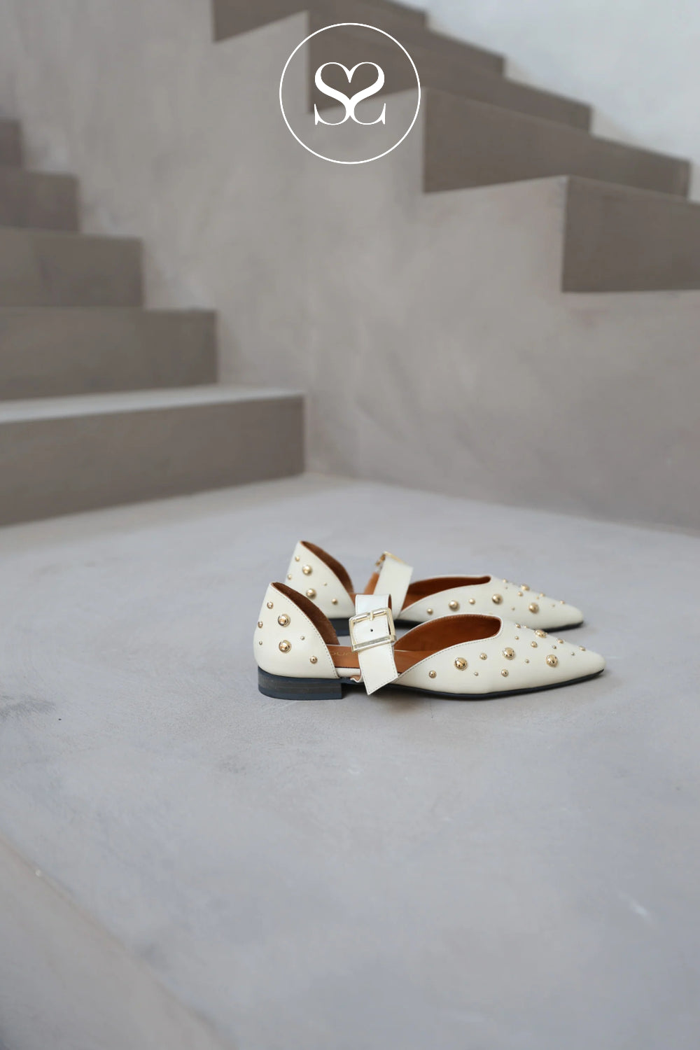 Mary jane flats with ivory leather and gold studs for women in Ireland